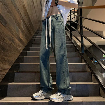 Riolio Straight Jeans men Elastic waist Spring New Vintage Casual Baggy Jeans Korean Youth Trousers Classic Wide Leg Denim Pants